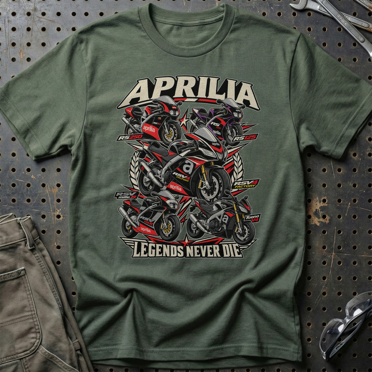 Aprilia Legends Never Die T-Shirt-Beklædning-Aprilia-Grøn Militær-S-Garage Culture Shop- garage - man cave - merchandise