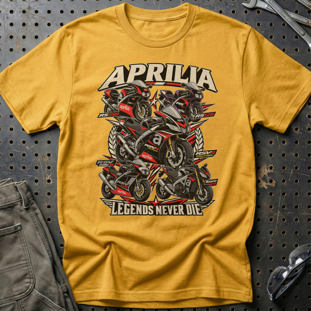 Aprilia Legends Never Die T-Shirt-Beklædning-Aprilia-Guld-S-Garage Culture Shop- garage - man cave - merchandise