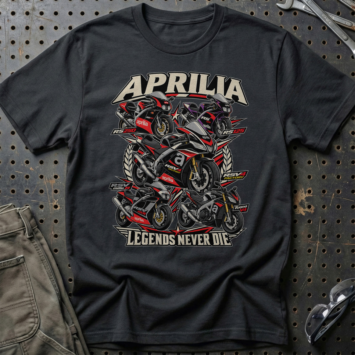 Aprilia Legends Never Die T-Shirt-Beklædning-Aprilia-Sort-S-Garage Culture Shop- garage - man cave - merchandise