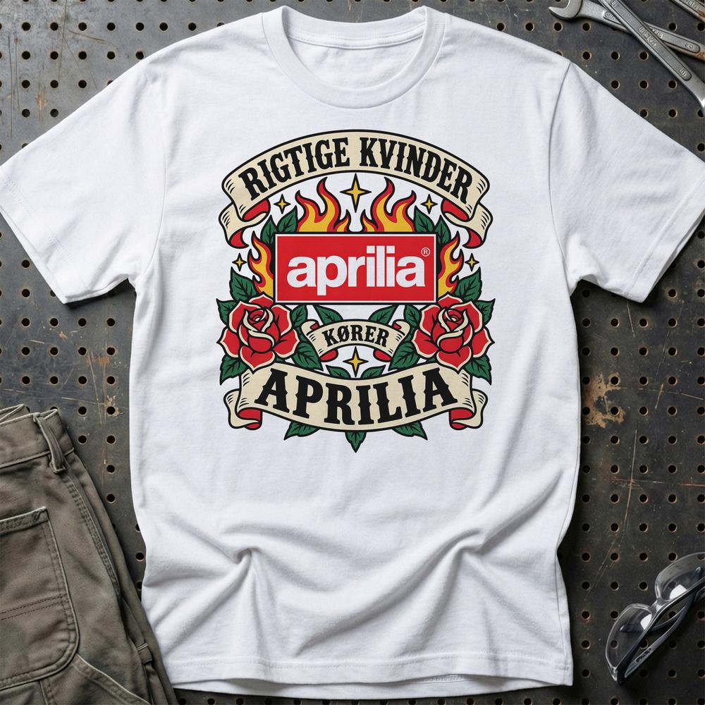 Aprilia Rigtige Kvinder Kører – Roser og Flammer T-Shirt-Beklædning-Aprilia-Hvid-S-Garage Culture Shop- garage - man cave - merchandise