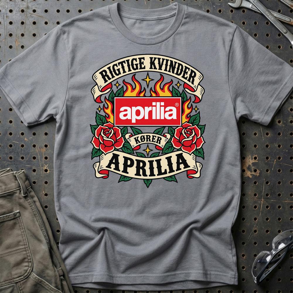 Aprilia Rigtige Kvinder Kører – Roser og Flammer T-Shirt-Beklædning-Aprilia-Grå Sport-S-Garage Culture Shop- garage - man cave - merchandise