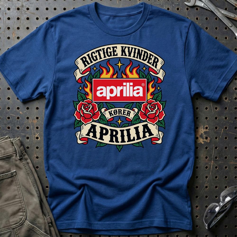 Aprilia Rigtige Kvinder Kører – Roser og Flammer T-Shirt-Beklædning-Aprilia-Blå Royal-S-Garage Culture Shop- garage - man cave - merchandise