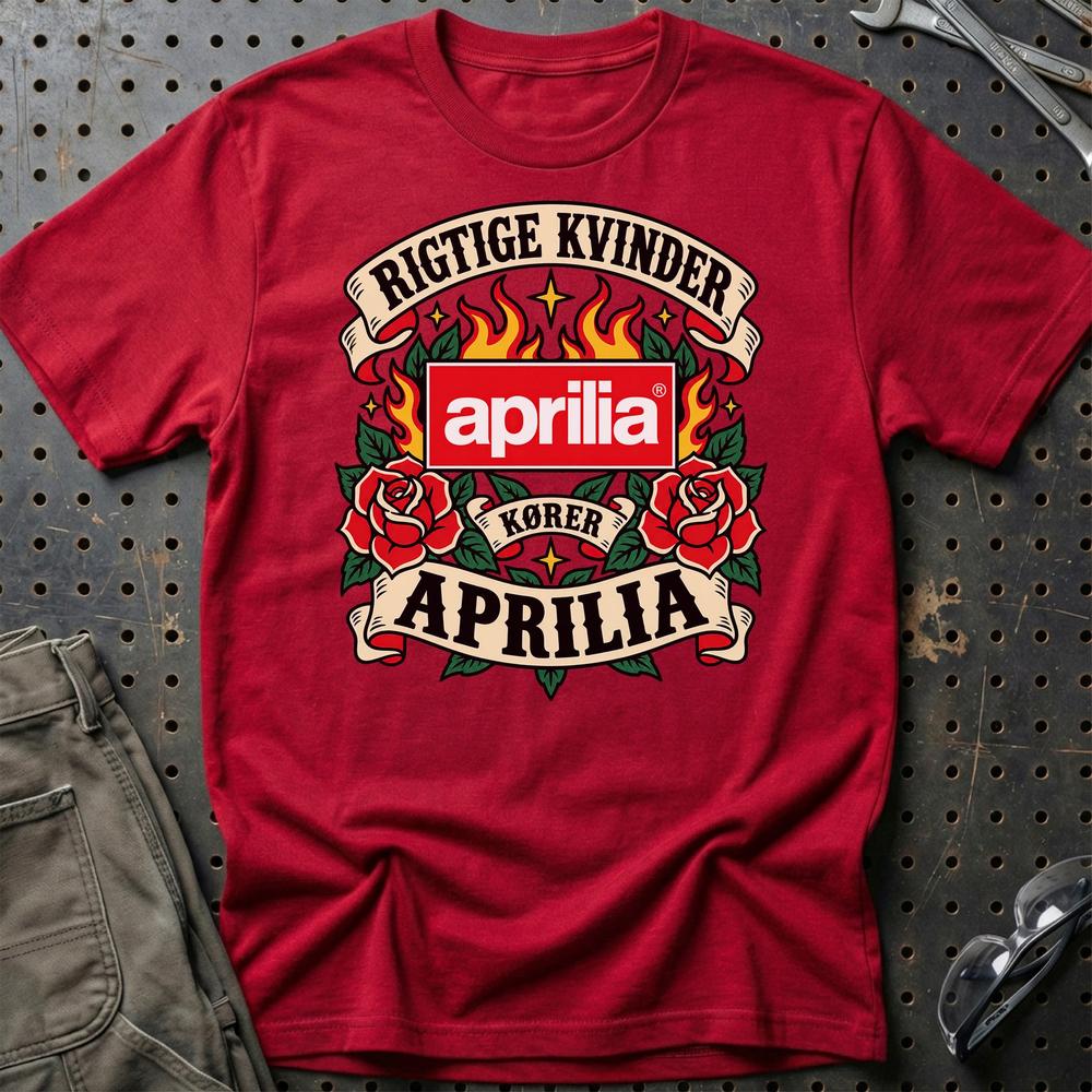 Aprilia Rigtige Kvinder Kører – Roser og Flammer T-Shirt-Beklædning-Aprilia-Rød-S-Garage Culture Shop- garage - man cave - merchandise