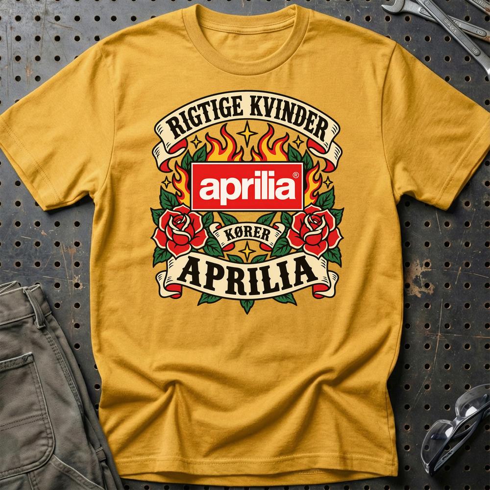 Aprilia Rigtige Kvinder Kører – Roser og Flammer T-Shirt-Beklædning-Aprilia-Guld-S-Garage Culture Shop- garage - man cave - merchandise