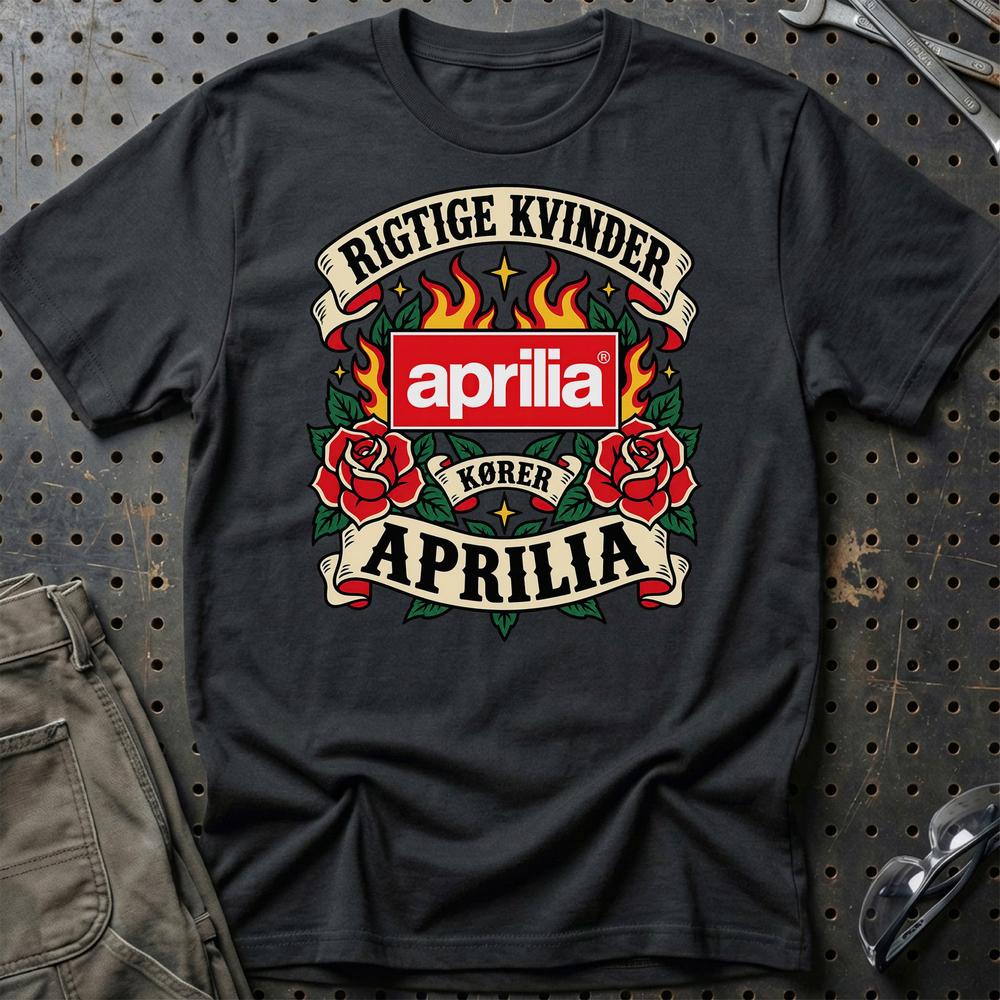 Aprilia Rigtige Kvinder Kører – Roser og Flammer T-Shirt-Beklædning-Aprilia-Sort-S-Garage Culture Shop- garage - man cave - merchandise