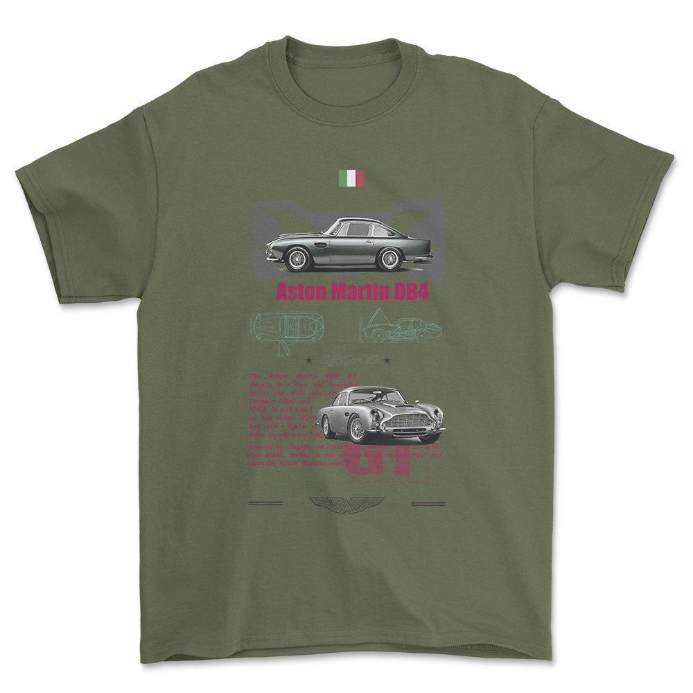 Aston Martin DB4 - Unisex T-Shirt , Bomuld-Beklædning-Aston Martin-Grøn Militær-S-Forside-Garage Culture Shop- garage - man cave - merchandise