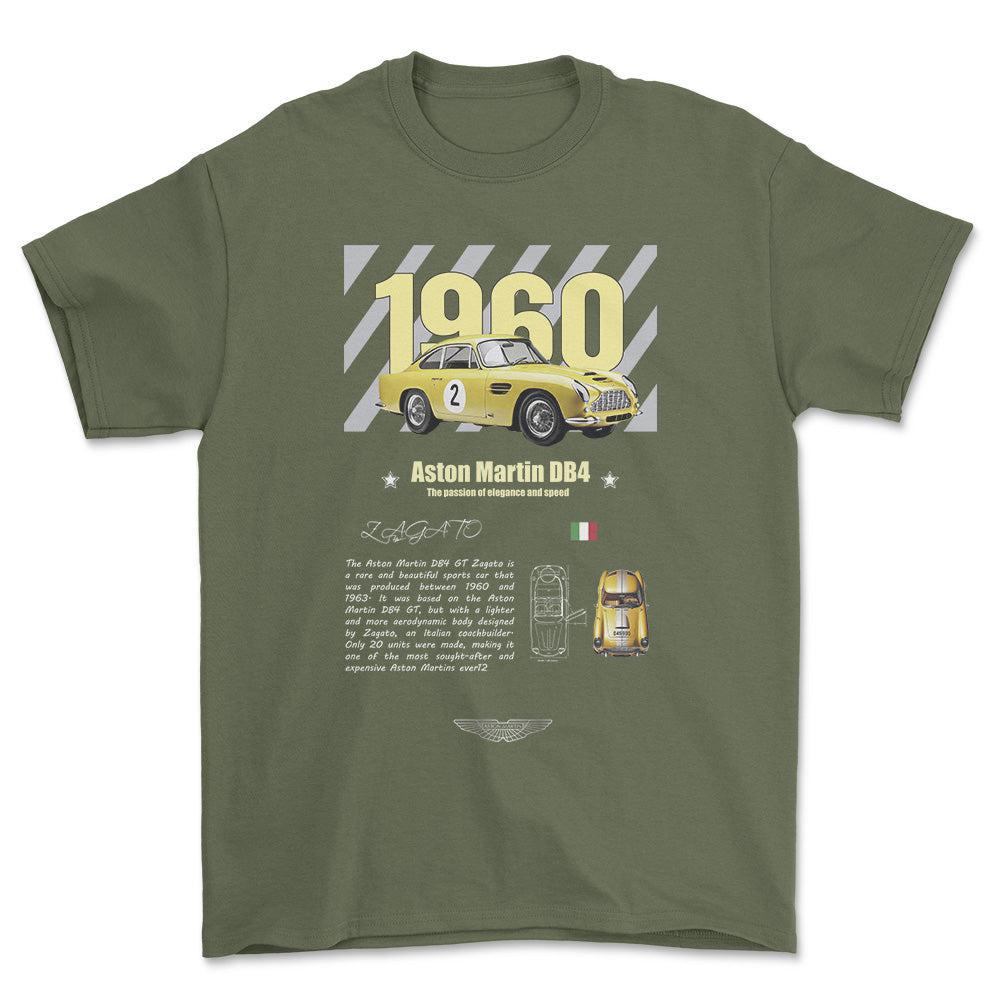 Aston Martin DB4 - Unisex T-Shirt , Bomuld-Beklædning-Aston Martin-Grøn Militær-S-Forside-Garage Culture Shop- garage - man cave - merchandise