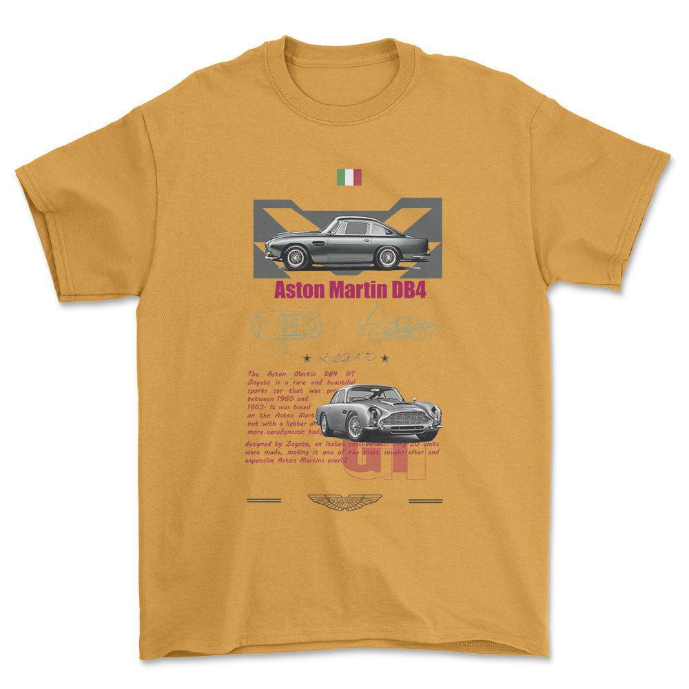 Aston Martin DB4 - Unisex T-Shirt , Bomuld-Beklædning-Aston Martin-Guld-S-Forside-Garage Culture Shop- garage - man cave - merchandise