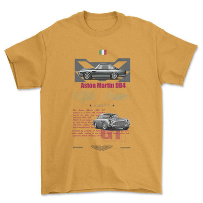 Aston Martin DB4 - Unisex T-Shirt , Bomuld-Beklædning-Aston Martin-Guld-S-Forside-Garage Culture Shop- garage - man cave - merchandise