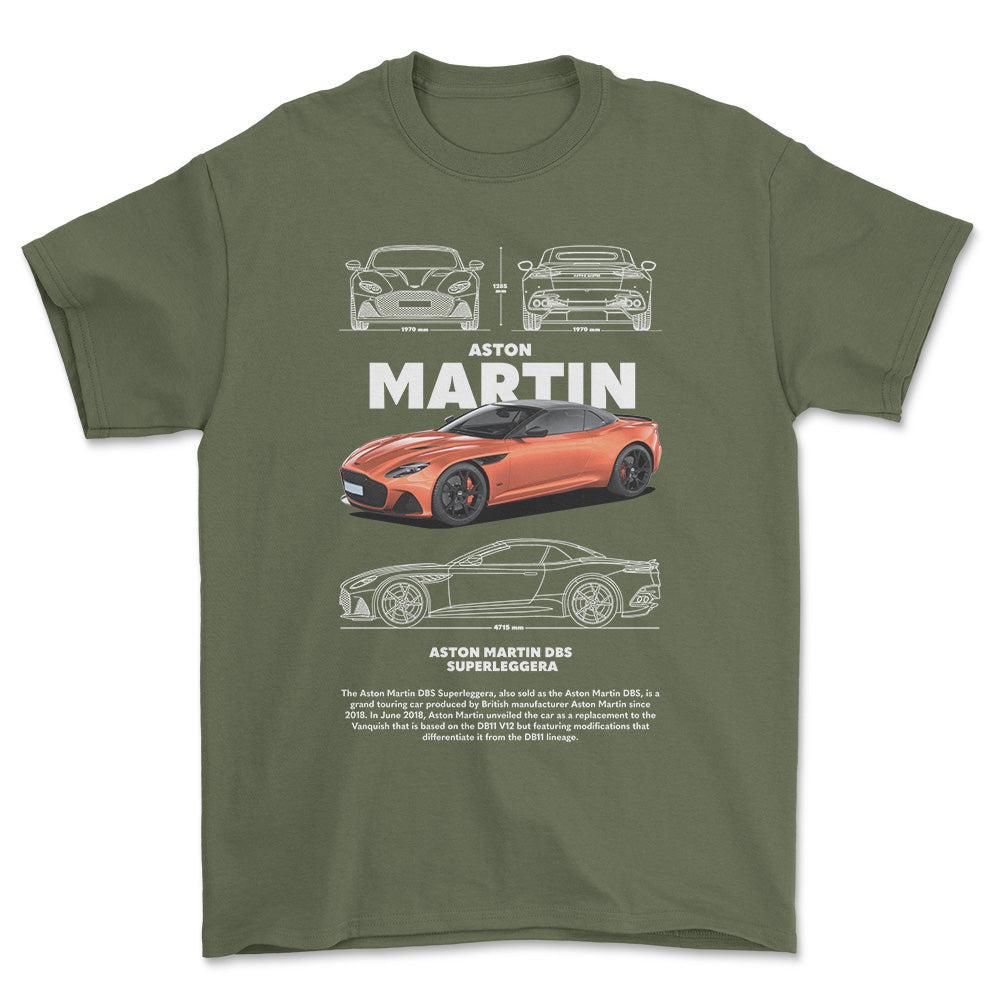 Aston Martin DBS - Unisex T-Shirt , Bomuld-Beklædning-Aston Martin-Grøn Militær-S-Forside-Garage Culture Shop- garage - man cave - merchandise