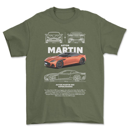 Aston Martin DBS - Unisex T-Shirt , Bomuld-Beklædning-Aston Martin-Grøn Militær-S-Forside-Garage Culture Shop- garage - man cave - merchandise
