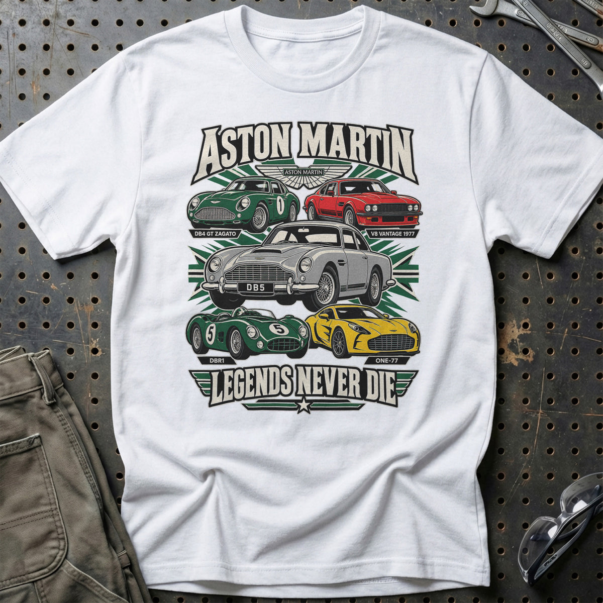 Aston Martin Legends Never Die T-Shirt-Beklædning-Aston Martin-Hvid-S-Garage Culture Shop- garage - man cave - merchandise