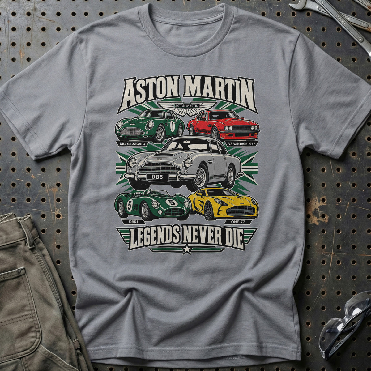 Aston Martin Legends Never Die T-Shirt-Beklædning-Aston Martin-Grå Sport-S-Garage Culture Shop- garage - man cave - merchandise