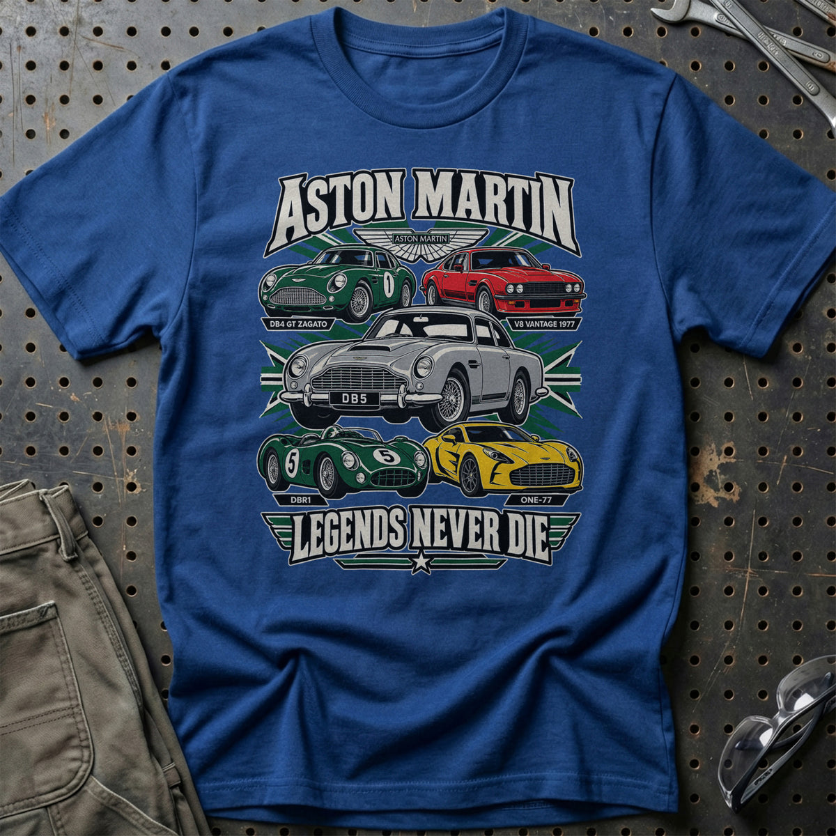 Aston Martin Legends Never Die T-Shirt-Beklædning-Aston Martin-Blå Royal-S-Garage Culture Shop- garage - man cave - merchandise