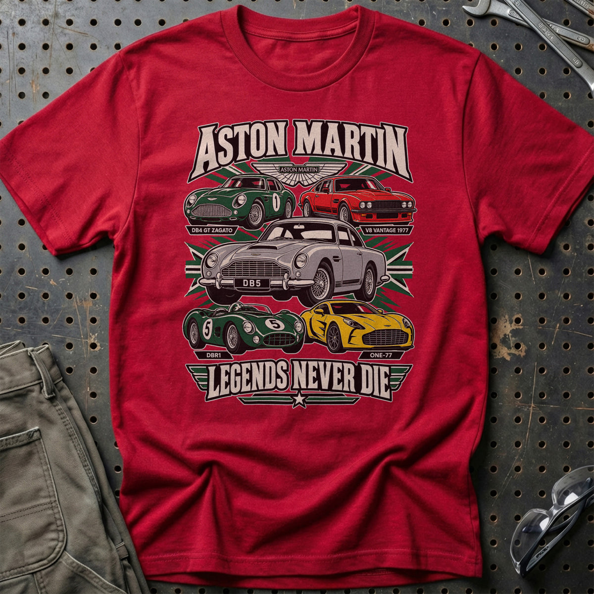 Aston Martin Legends Never Die T-Shirt-Beklædning-Aston Martin-Rød-S-Garage Culture Shop- garage - man cave - merchandise