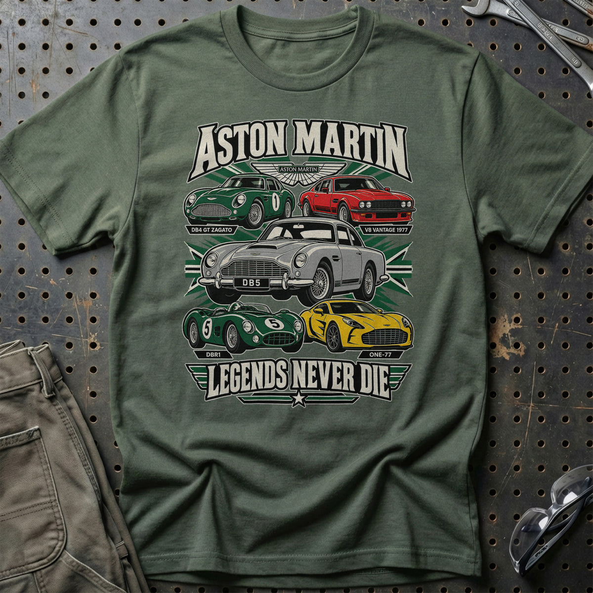 Aston Martin Legends Never Die T-Shirt-Beklædning-Aston Martin-Grøn Militær-S-Garage Culture Shop- garage - man cave - merchandise