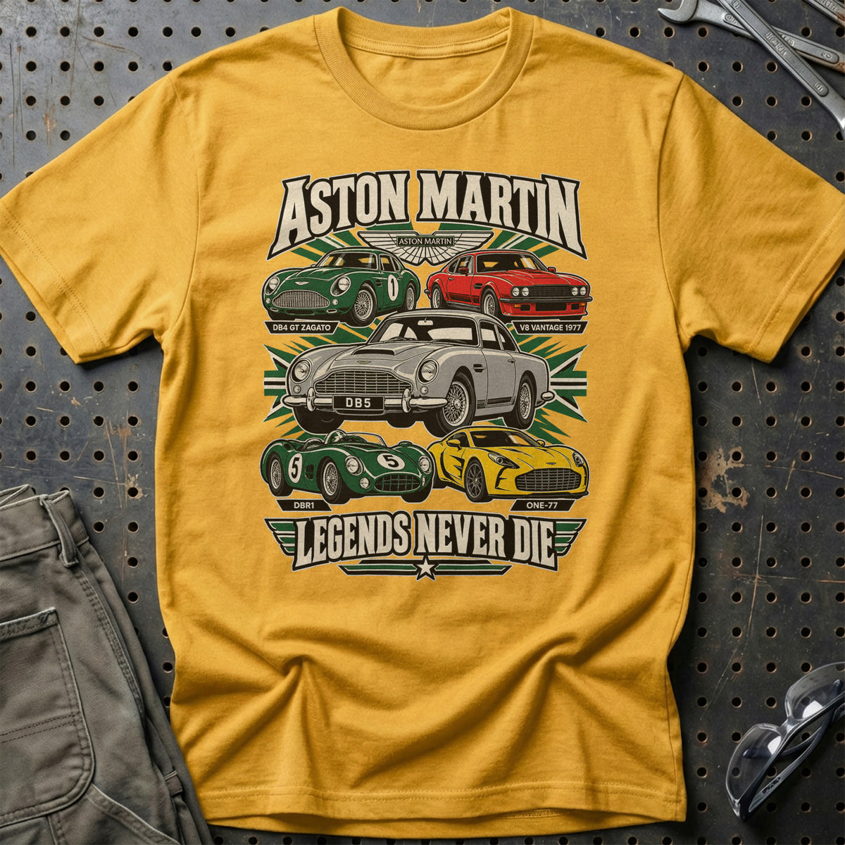 Aston Martin Legends Never Die T-Shirt-Beklædning-Aston Martin-Guld-S-Garage Culture Shop- garage - man cave - merchandise