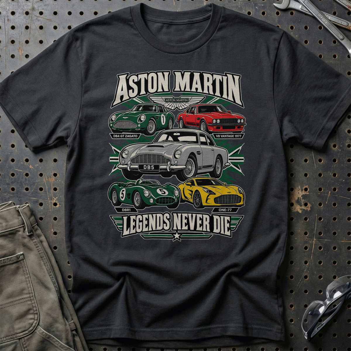Aston Martin Legends Never Die T-Shirt-Beklædning-Aston Martin-Sort-S-Garage Culture Shop- garage - man cave - merchandise
