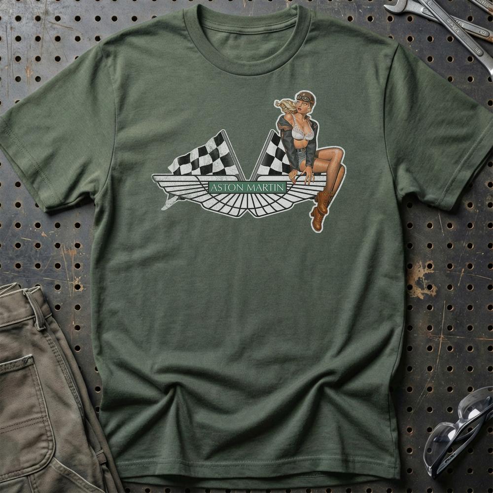 Aston Martin Pinup - Unisex T-Shirt , Bomuld-Beklædning-Aston Martin-Grøn Militær-S-Garage Culture Shop- garage - man cave - merchandise