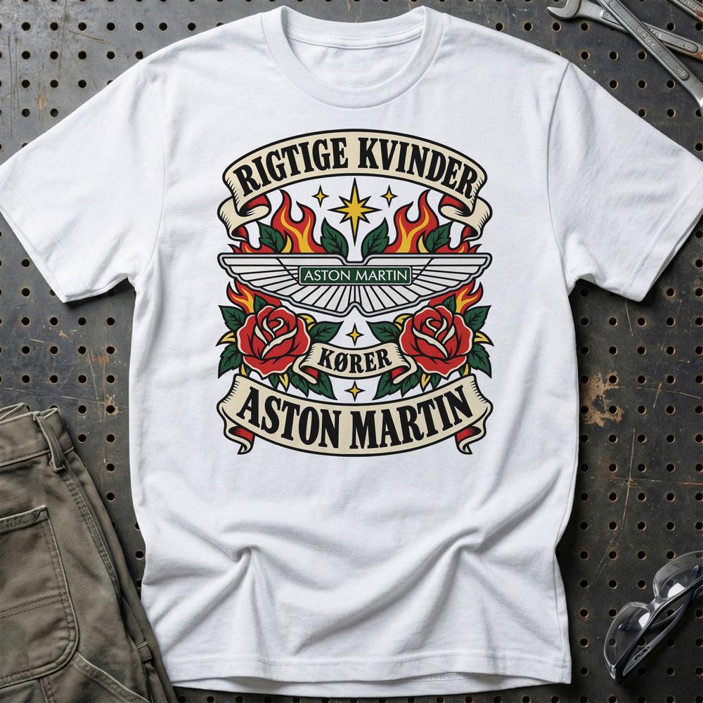 Aston Martin Rigtige Kvinder Kører – Roser og Flammer T-Shirt-Beklædning-Aston Martin-Hvid-S-Garage Culture Shop- garage - man cave - merchandise