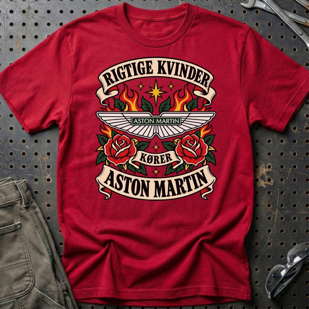 Aston Martin Rigtige Kvinder Kører – Roser og Flammer T-Shirt-Beklædning-Aston Martin-Rød-S-Garage Culture Shop- garage - man cave - merchandise