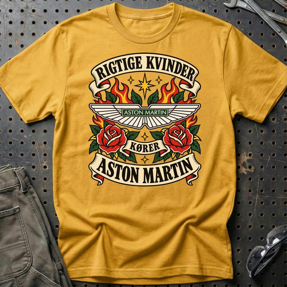 Aston Martin Rigtige Kvinder Kører – Roser og Flammer T-Shirt-Beklædning-Aston Martin-Guld-S-Garage Culture Shop- garage - man cave - merchandise