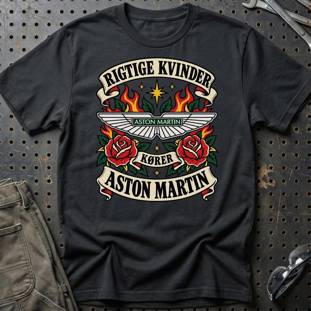 Aston Martin Rigtige Kvinder Kører – Roser og Flammer T-Shirt-Beklædning-Aston Martin-Sort-S-Garage Culture Shop- garage - man cave - merchandise