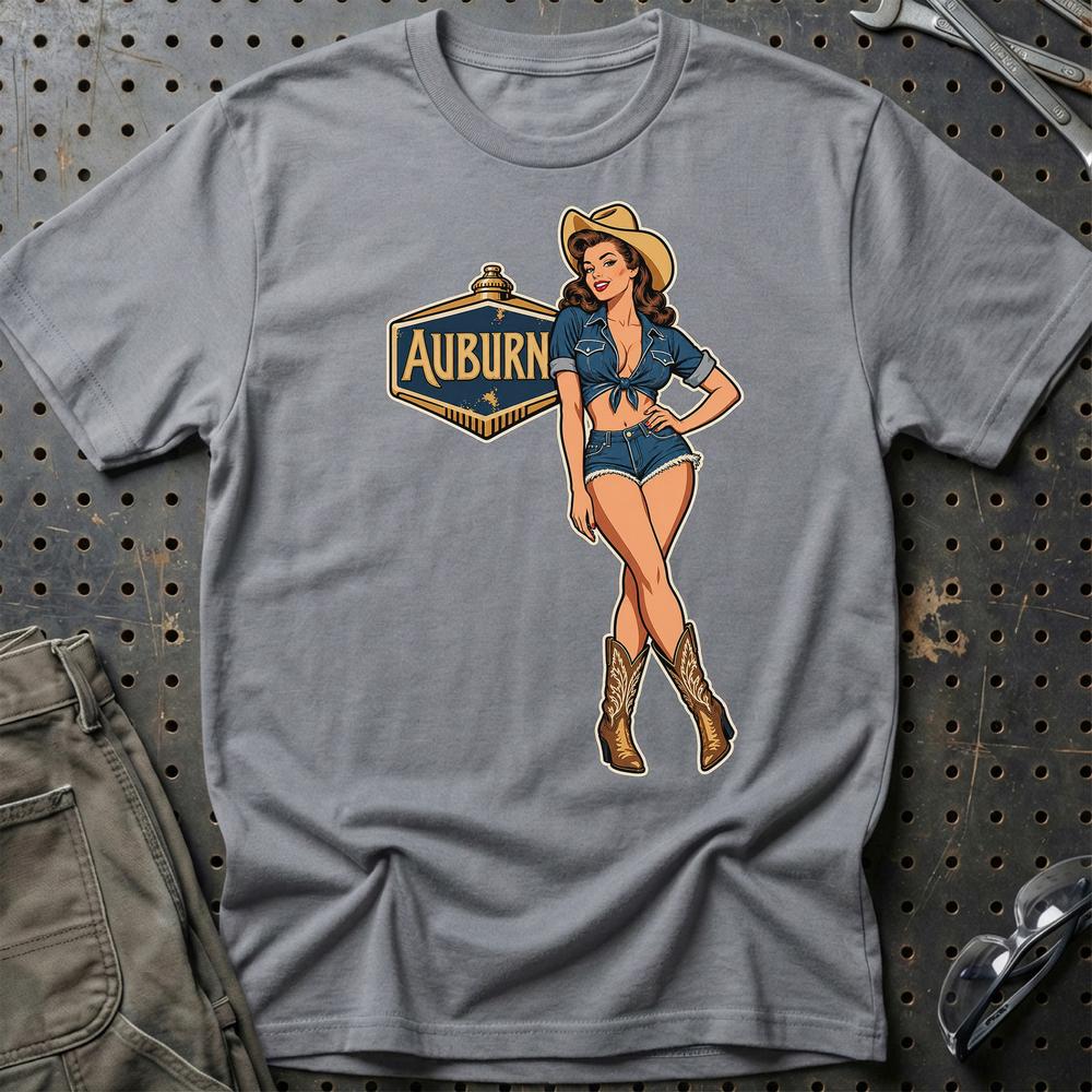 Auburn Cowboy Pinup T-Shirt-Beklædning-Auburn-Grå Sport-S-Garage Culture Shop- garage - man cave - merchandise