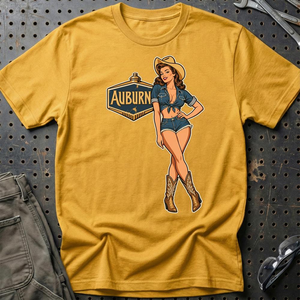Auburn Cowboy Pinup T-Shirt-Beklædning-Auburn-Guld-S-Garage Culture Shop- garage - man cave - merchandise