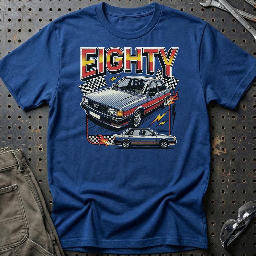 Audi 80 Eighties Thunder Retro Performance - Unisex T-Shirt-Beklædning-Audi-Blå Royal-S-Garage Culture Shop- garage - man cave - merchandise