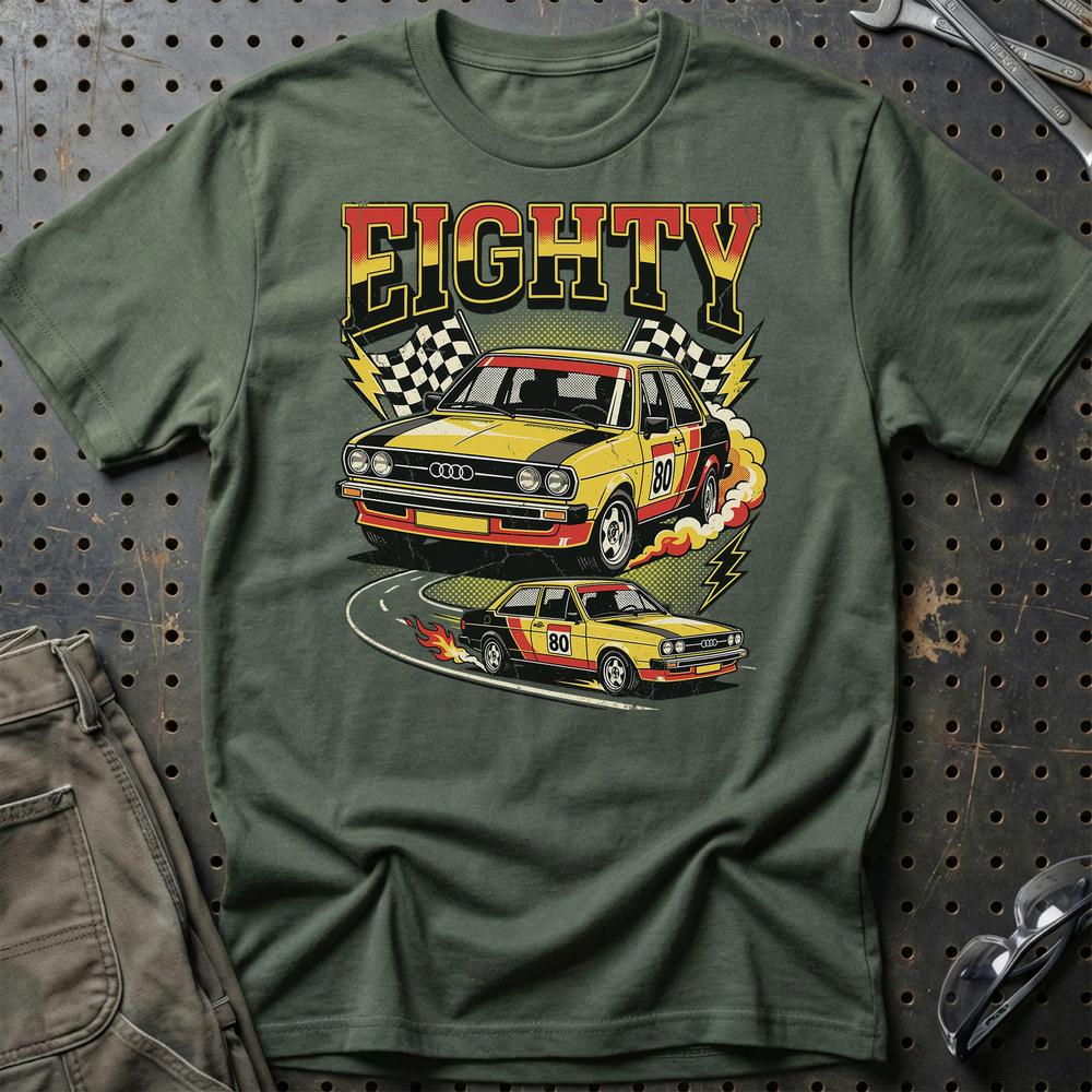 Audi 80 Eighty Rally Retro 80s Performance T-Shirt-Beklædning-Audi-Grøn Militær-S-Garage Culture Shop- garage - man cave - merchandise
