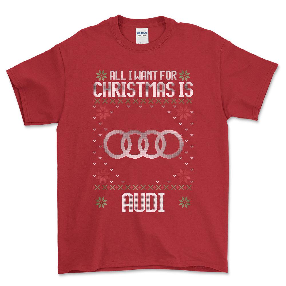 Audi - All I Want For Christmas - Unisex T-Shirt , Bomuld-Beklædning-Audi-Rød-S-Forside-Garage Culture Shop- garage - man cave - merchandise