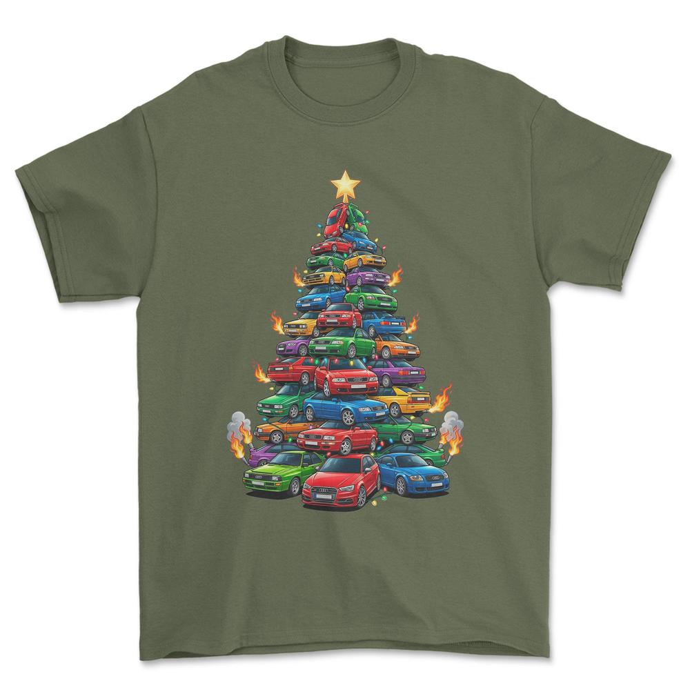 Audi Juletræ Christmas Tree - Unisex T-Shirt-Beklædning-Audi-Grøn Militær-S-Forside-Garage Culture Shop- garage - man cave - merchandise
