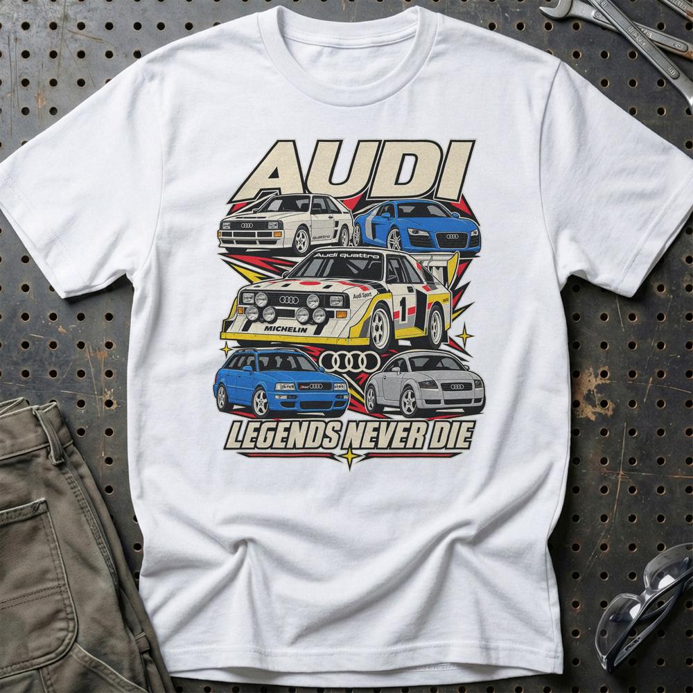 Audi Legends Never Die T-Shirt-Beklædning-Audi-Hvid-S-Garage Culture Shop- garage - man cave - merchandise