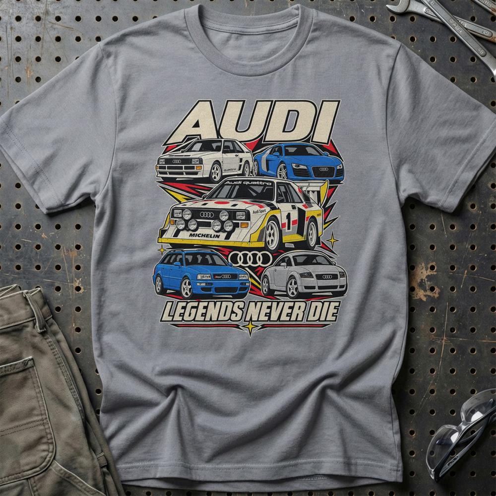 Audi Legends Never Die T-Shirt-Beklædning-Audi-Grå Sport-S-Garage Culture Shop- garage - man cave - merchandise