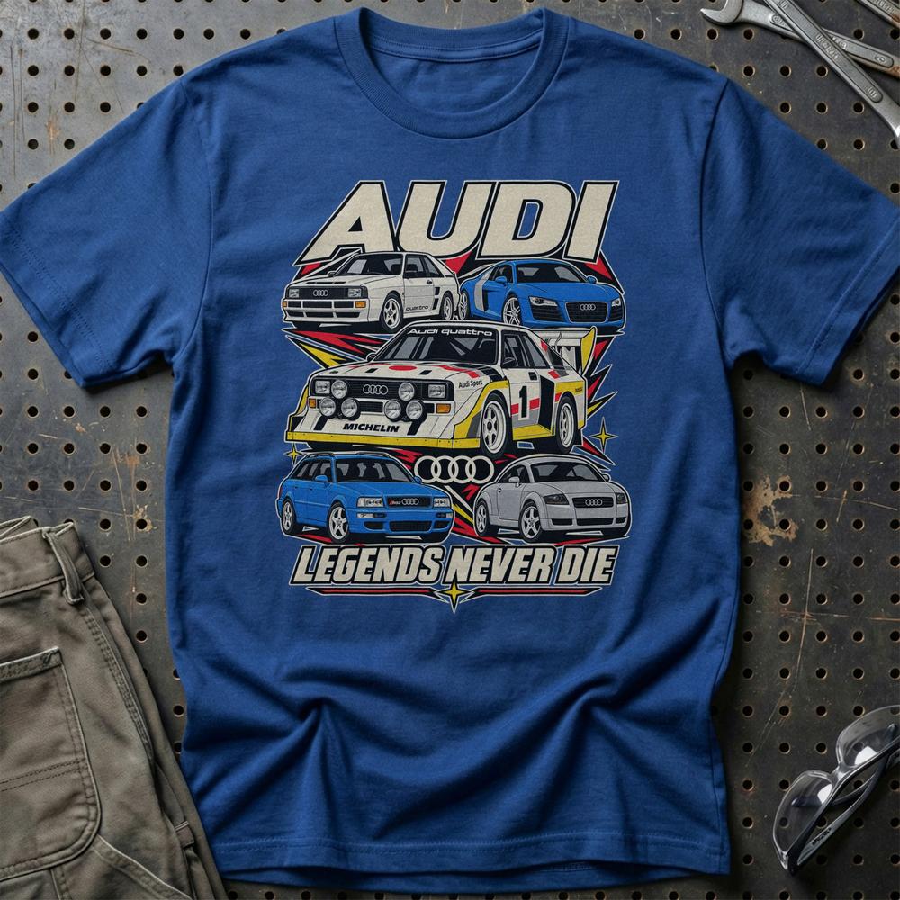 Audi Legends Never Die T-Shirt-Beklædning-Audi-Blå Royal-S-Garage Culture Shop- garage - man cave - merchandise