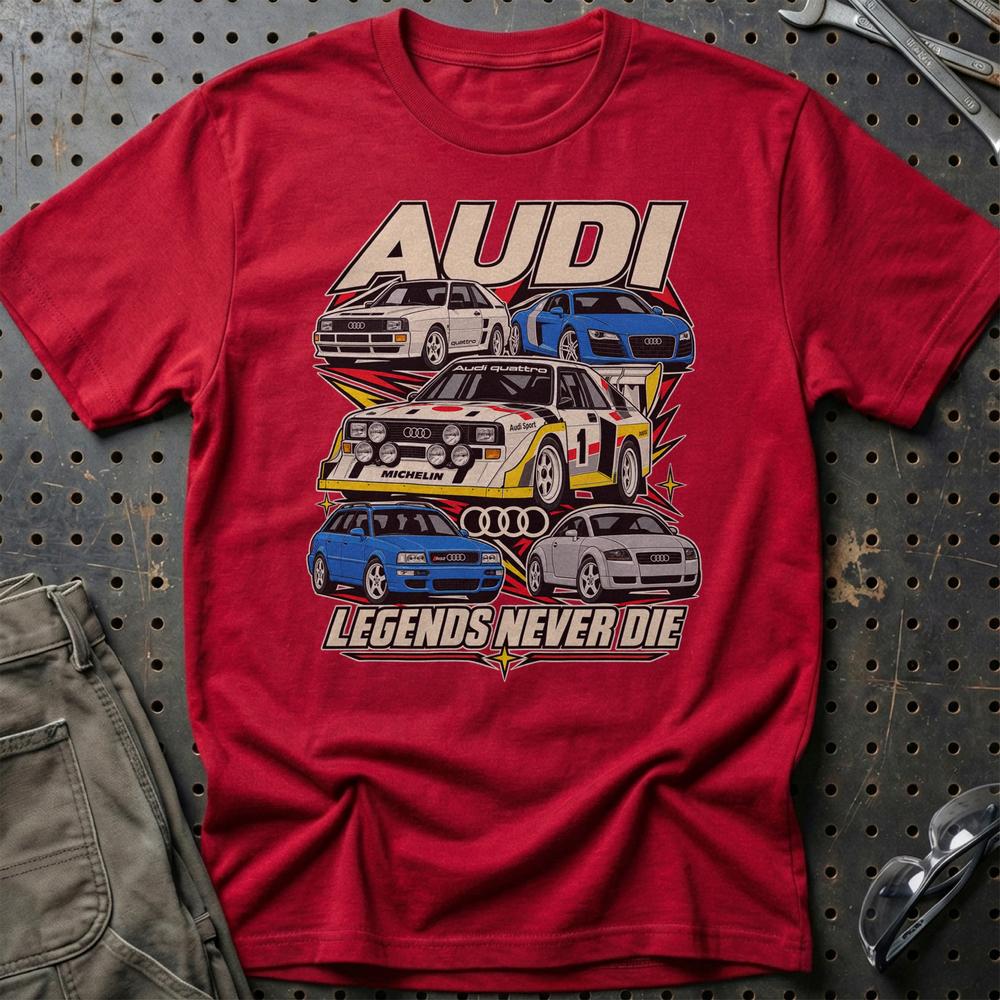 Audi Legends Never Die T-Shirt-Beklædning-Audi-Rød-S-Garage Culture Shop- garage - man cave - merchandise