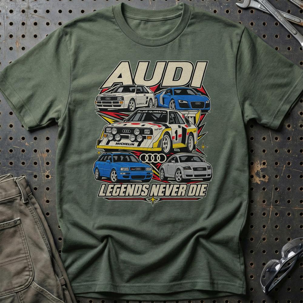 Audi Legends Never Die T-Shirt-Beklædning-Audi-Grøn Militær-S-Garage Culture Shop- garage - man cave - merchandise