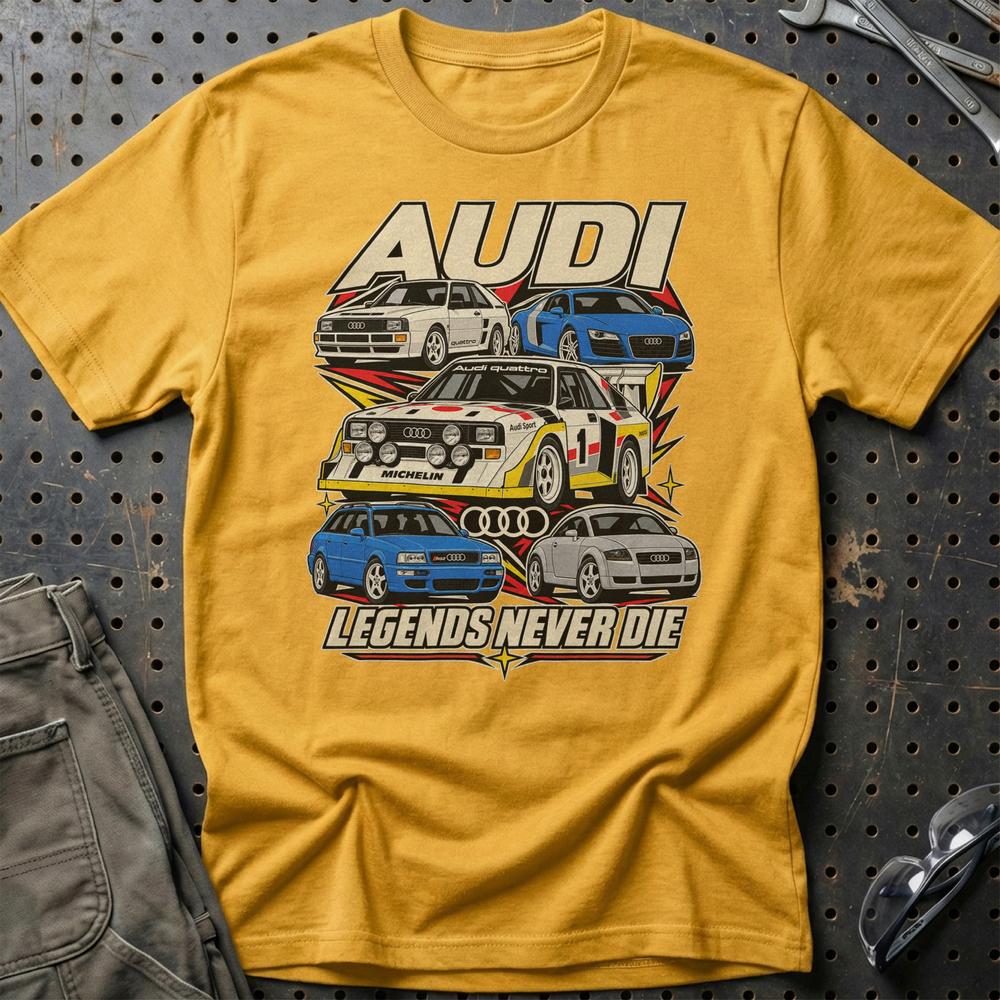 Audi Legends Never Die T-Shirt-Beklædning-Audi-Guld-S-Garage Culture Shop- garage - man cave - merchandise