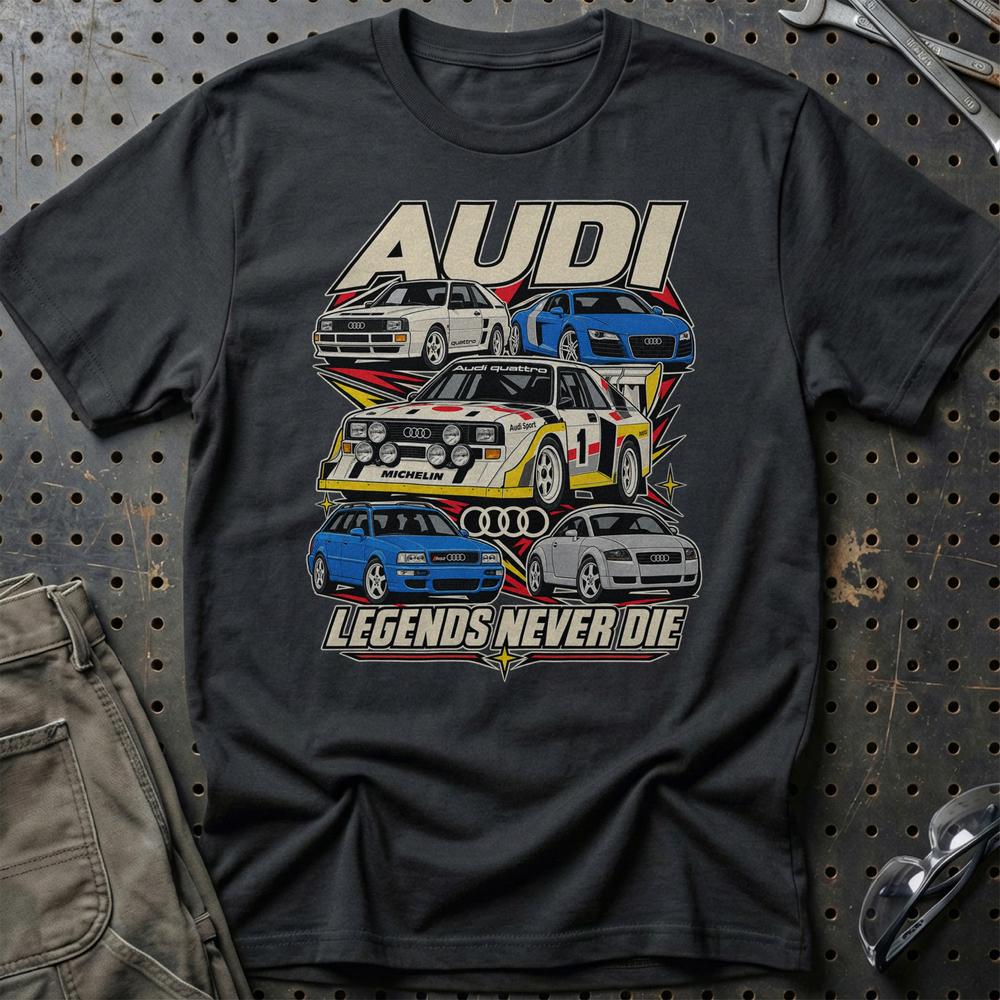 Audi Legends Never Die T-Shirt-Beklædning-Audi-Sort-S-Garage Culture Shop- garage - man cave - merchandise