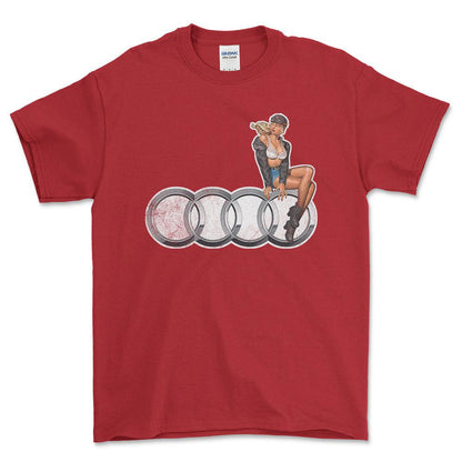 Audi Pinup - Unisex T-Shirt , Bomuld-Beklædning-Audi-Rød-S-Forside-Garage Culture Shop- garage - man cave - merchandise