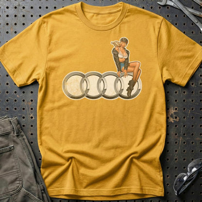 Audi Pinup - Unisex T-Shirt , Bomuld-Beklædning-Audi-Guld-S-Garage Culture Shop- garage - man cave - merchandise