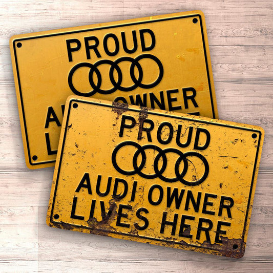 Audi Proud Audi Owner Lives Here Skilte, Musemåtte, Dørmåtte-Skilte-Audi-Garage Culture Shop- garage - man cave - merchandise