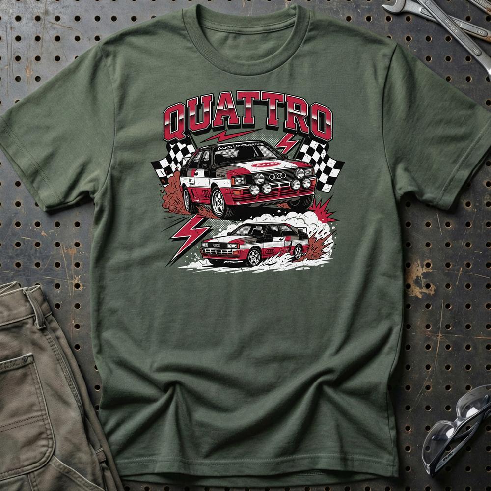 Audi Quattro Rally Legend Retro AWD Performance - Unisex T-Shirt-Beklædning-Audi-Grøn Militær-S-Garage Culture Shop- garage - man cave - merchandise