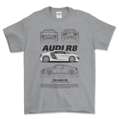 Audi R8 - Unisex T-Shirt , Bomuld-Beklædning-Audi-Grå Sport-S-Forside-Garage Culture Shop- garage - man cave - merchandise