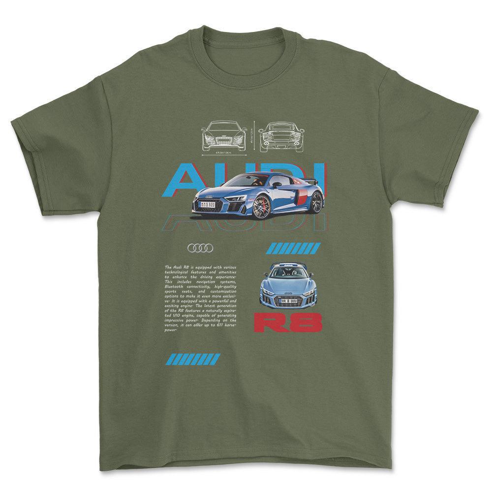 Audi R8 - Unisex T-Shirt , Bomuld-Beklædning-Audi-Grøn Militær-S-Forside-Garage Culture Shop- garage - man cave - merchandise