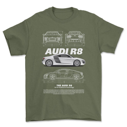 Audi R8 - Unisex T-Shirt , Bomuld-Beklædning-Audi-Grøn Militær-S-Forside-Garage Culture Shop- garage - man cave - merchandise