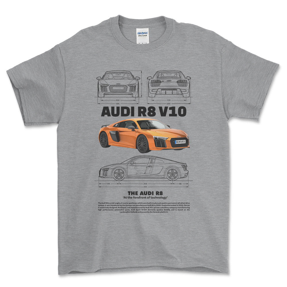 Audi R8 V10 - Unisex T-Shirt , Bomuld-Beklædning-Audi-Grå Sport-S-Forside-Garage Culture Shop- garage - man cave - merchandise