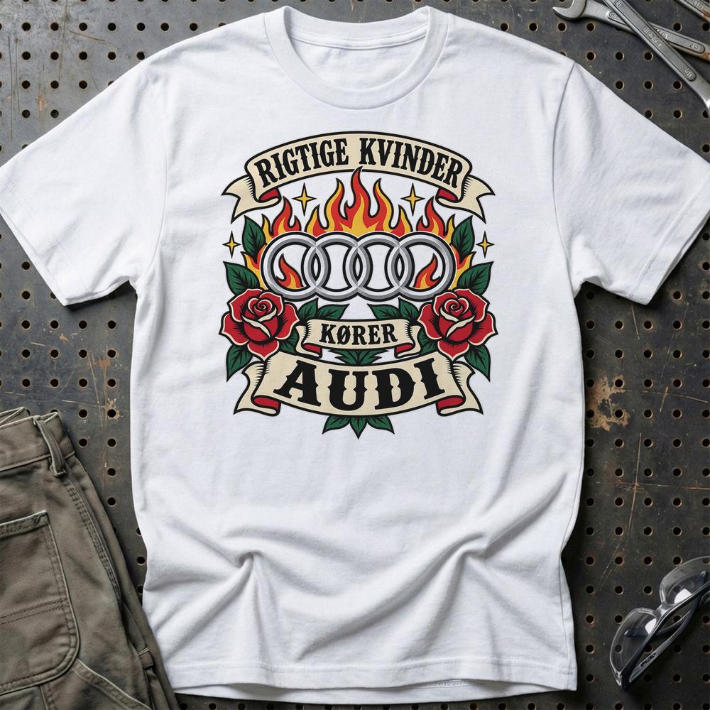 Audi Rigtige Kvinder Kører – Roser og Flammer T-Shirt-Beklædning-Audi-Hvid-S-Garage Culture Shop- garage - man cave - merchandise