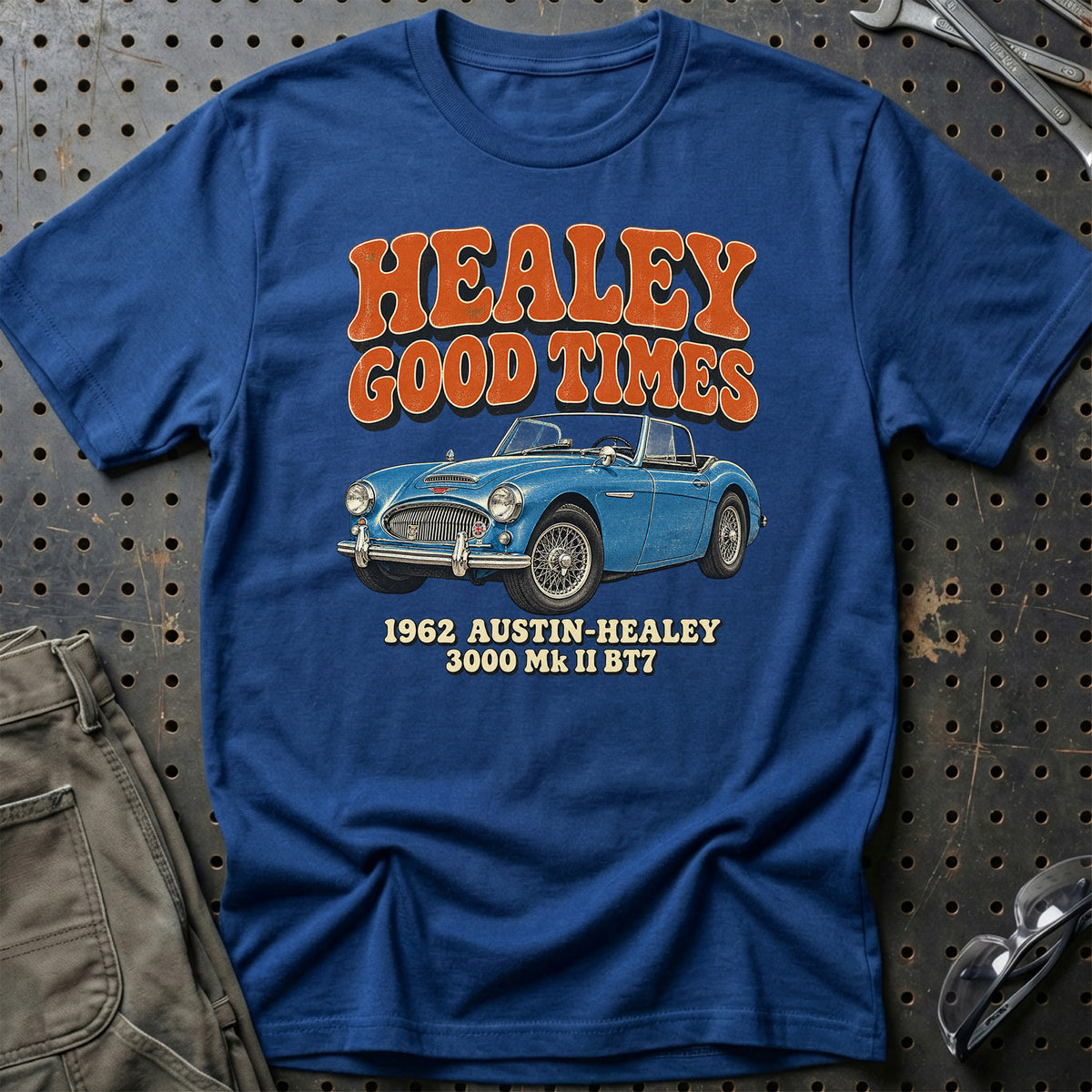 
Austin-Healey 3000 Mk II BT7 1962 – Healey Good Times T-Shirt – Blå Royal